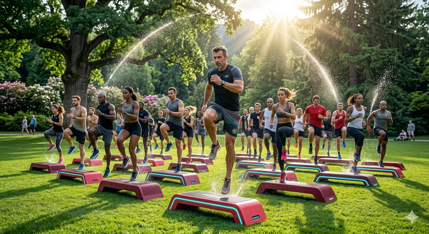A group performing modern outdoor step aerobics inside a lush park setting, high definition energetic fitness photography, masterpiece, vibrant colors, Nano Banana2
